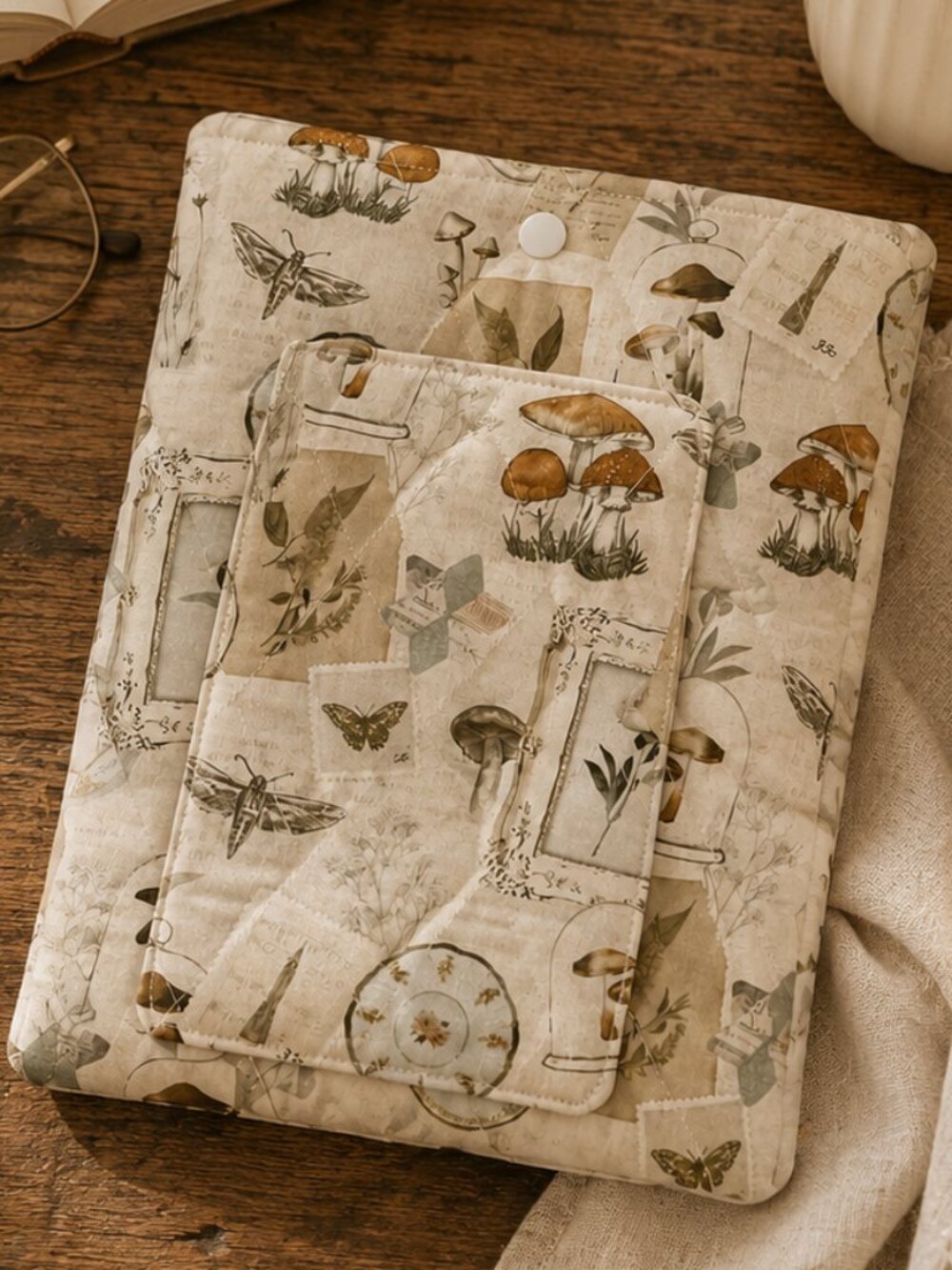 Mushroom Botanical Quilted Book Sleeve | Cottagecore iPad Kindle Cover |